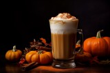 Aromatic Pumpkin latte drink. Glass table. Generate Ai