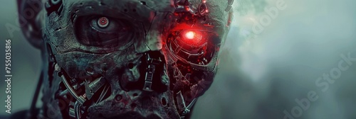 Half rotten cyborg face with glowing red eyes apocalypse survivor