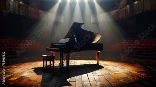 Grand piano on stage with spotlight waiting for the maestro in an empty concert hall photo