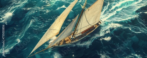 Aerial view of a classic sailboat on the open sea, showcasing the beauty of nautical travel. photo