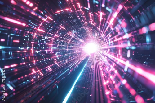 Abstract digital tunnel with glowing lines and light at the end, representing high-speed internet or futuristic technology.