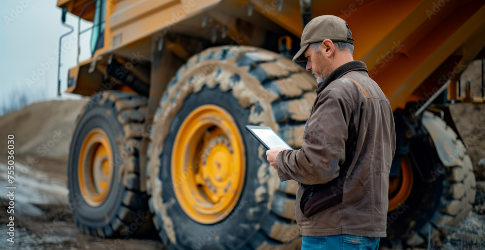 Mining Driver A focused site manager in work attire stands before a colossal mining ...