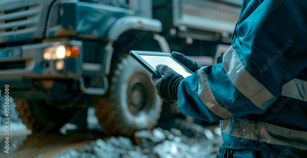 Foreman Using Tablet to Monitor Construction Truck Activity. In the foreground, a construction foreman dressed in a reflective work jacket operates a tablet, with a heavy truck active in the backgroun Foreman Using Tablet to Monitor Construction Truck Activity. In the foreground, a construction foreman dressed in a reflective work jacket operates a tablet, with a heavy truck active in the backgroun