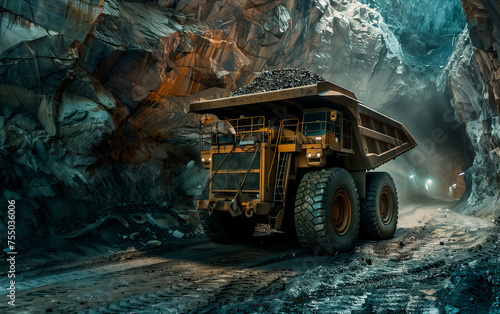 Mining Haul Truck in Underground Passage. A powerful haul truck loaded with coal navigating through an underground mining tunnel, illuminated by ambient light