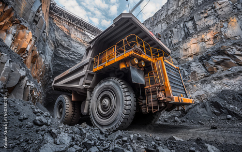 Dramatic shot highlights the sheer scale and formidable presence of a mining truck, surrounded by the stark, layered rock formations of the excavated landscape