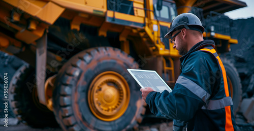 An industrious mine operator in protective gear is immersed in a pre-operation checklist on his tablet, juxtaposed against the imposing backdrop of a giant mining haul truck