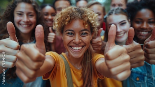 A close-up of a group of diverse people holding up their thumbs as a gesture of recommendation and demonstrating their satisfaction with the choice they have made.