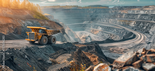 Mining Sunset Panorama. A vast open-pit mine under the warm glow of a setting sun, with a large mining truck in the foreground, driving on the dusty trail photo