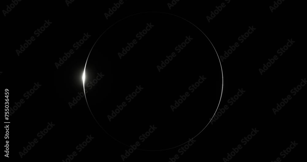 Circle frame with glowing silver beam. Round solar eclipse illuminated by 3d render white luminous line moving along perimeter