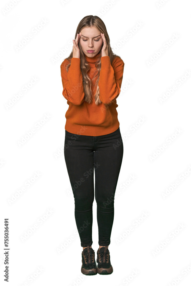 Studio portrait of a blonde Caucasian woman touching temples and having headache. Studio portrait of a blonde Caucasian woman touching temples and having headache.