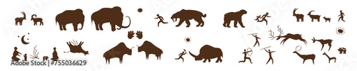 Ancient prehistoric rock paintings silhouette. Cave paintings of primitive people hunting mammoths and rhinoceros escaping from saber toothed tiger and cromagnan women graze vector goats.