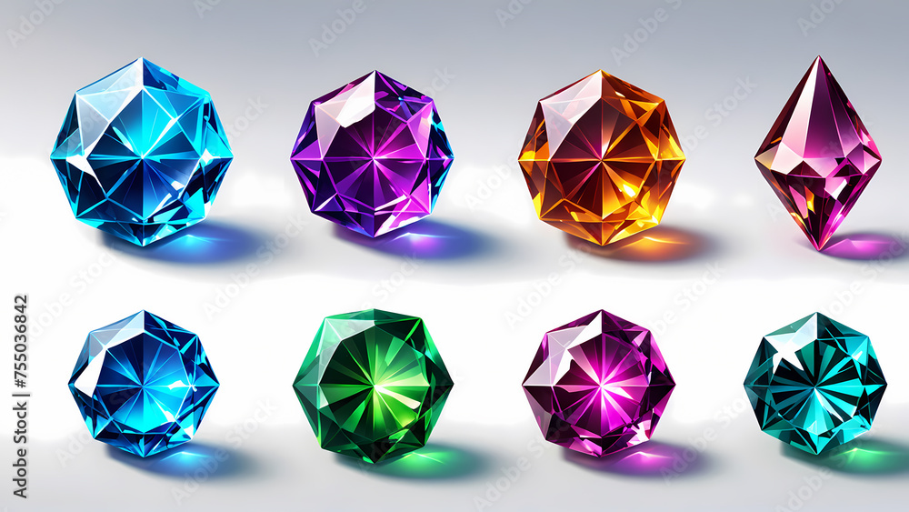 Colorful diamonds and gemstones collection. crystals natural minerals, jewelry. icon illustration, asset for game.