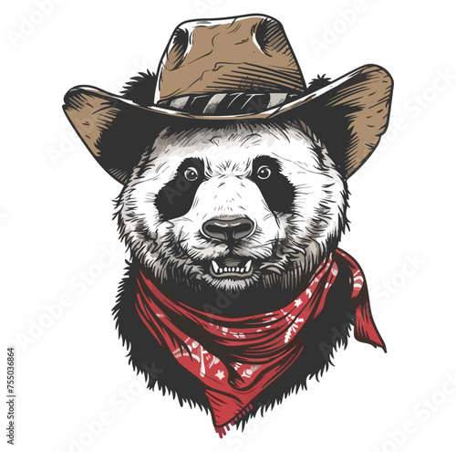 Giant panda Head wearing wearing cowboy hat and bandana around neck