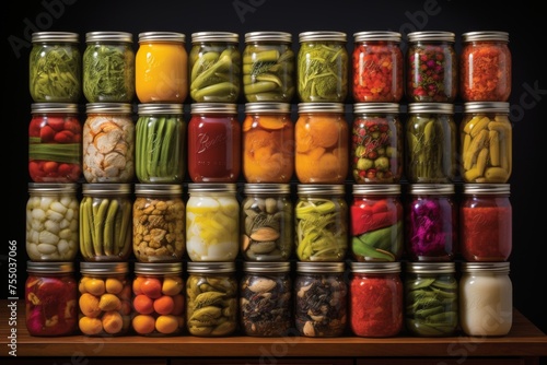 Assorted pickled vegetables and canned goods displayed on wooden shelf in pantry