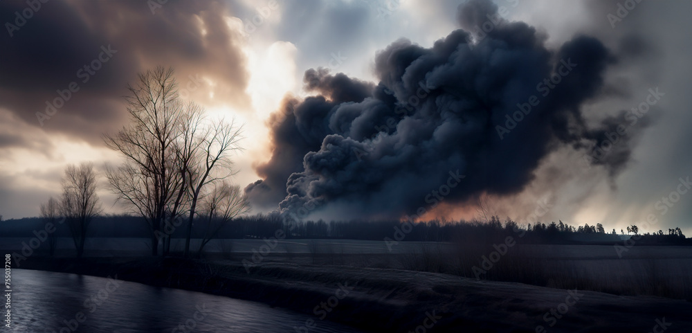 Desolate Horizons: Captivating Image of a Landscape Engulfed in Black Smoke created with Generative AI technology Desolate Horizons: Captivating Image of a Landscape Engulfed in Black Smoke created with Generative AI technology