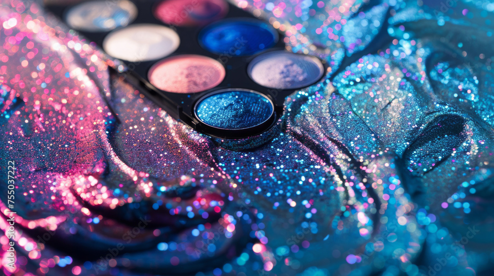 Close-up image of colorful eyeshadow palette with detailed glitter and shimmer textures perfect for makeup and beauty concepts Close-up image of colorful eyeshadow palette with detailed glitter and shimmer textures perfect for makeup and beauty concepts