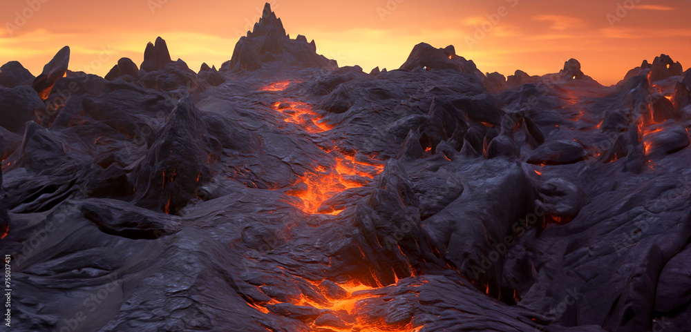 Explore an otherworldly volcanic wasteland, where the seething magma reveals the raw power of nature. Created with Generative AI technology