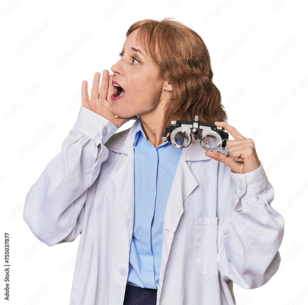 Mid-aged Caucasian optometrist in studio shouting and holding palm near opened mouth. Mid-aged Caucasian optometrist in studio shouting and holding palm near opened mouth.
