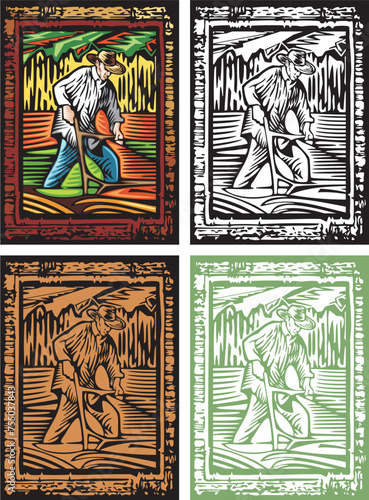 Old-fashioned Farmer Tilling the Land Vector Illustration Set in Woodcut Style. Several Versions.