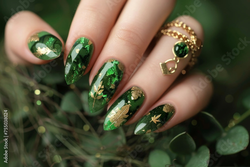 A professional manicure with green and gold leaf nails and a necklace on the hand