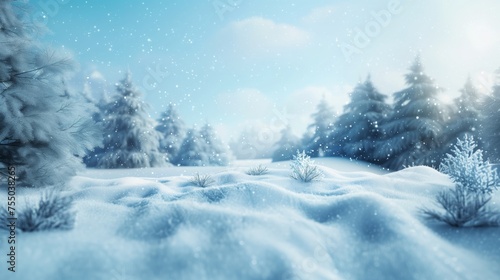 Pristine Winter Wonderland Fresh Snowfall Blanketing a Serene Forest Background