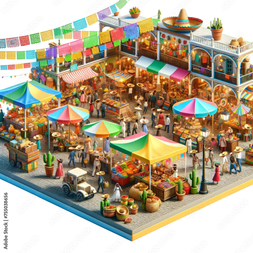 A colorful market scene with people shopping and vendors selling their wares. The atmosphere is lively and bustling, with a variety of items for sale, including fruits, vegetables, and other goods