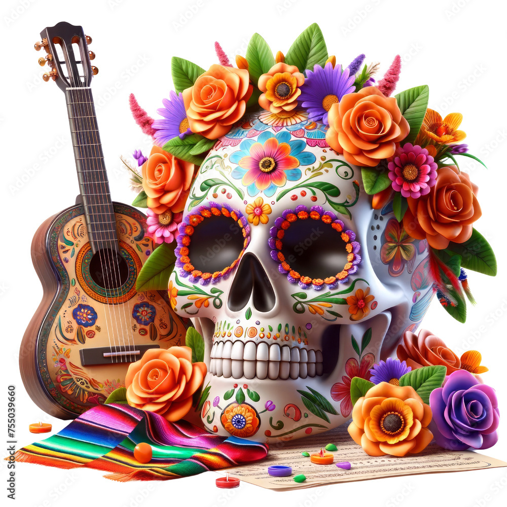 Fototapeta premium Sugar skull with flowers and a guitar on the left side