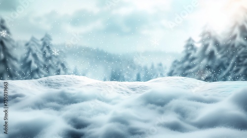 Enchanting Snow Covered Forest Landscape with Gentle Snowfall Background © Sol Revolver Group