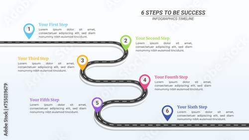 6 Steps Road Map Infographic with Pin Pointers and Editable Text on a 16:9 Ratio for Business Goals, Targets, and Website Design.