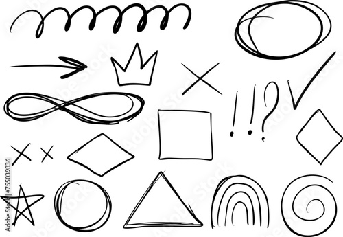 Hand drawn stroke, crown, love heart, pencil swoosh shape. Line text underline, emphasis, star, arrow mark element. hand drawn pen brush marker. Vector illustration.