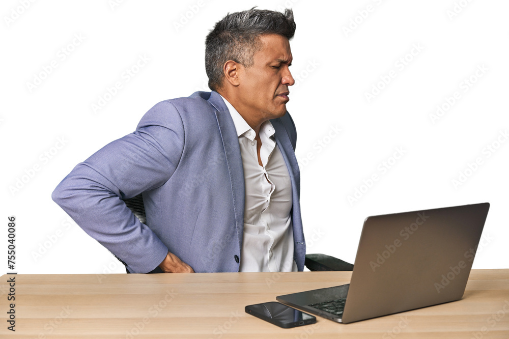 Elegant businessman at desk with laptop suffering a back pain. Elegant businessman at desk with laptop suffering a back pain.