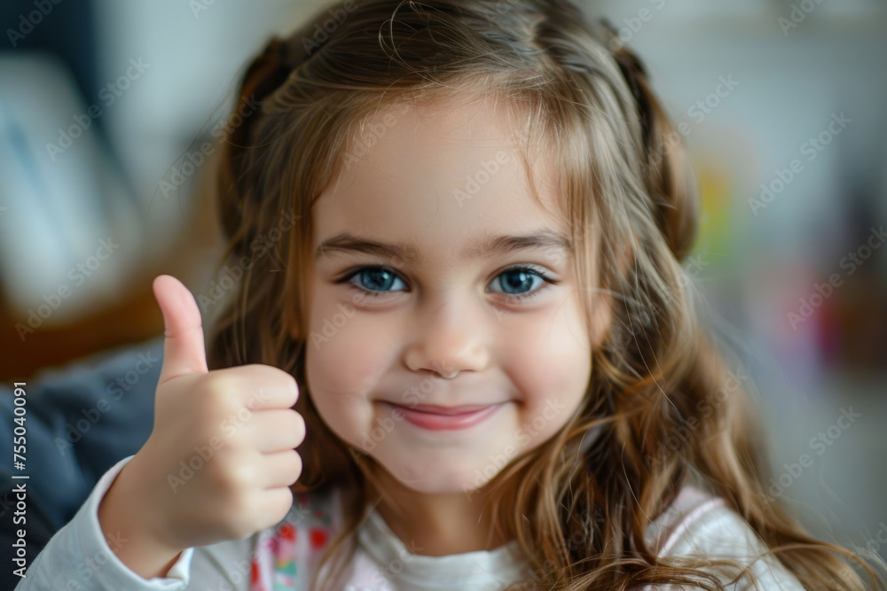 girl with long brown hair is smiling and giving a thumbs up. Concept of happiness and positivity, as the girl's smile and thumbs up gesture suggest approval or satisfaction. a girl 5-6 years old girl with long brown hair is smiling and giving a thumbs up. Concept of happiness and positivity, as the girl's smile and thumbs up gesture suggest approval or satisfaction. a girl 5-6 years old