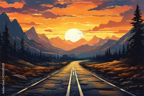 Road landscape with beautiful sunset view illustration. Beautiful Landscape showing view of a road leading to hills. highway drive with beautiful sunset landscape. Road through fields and hills.