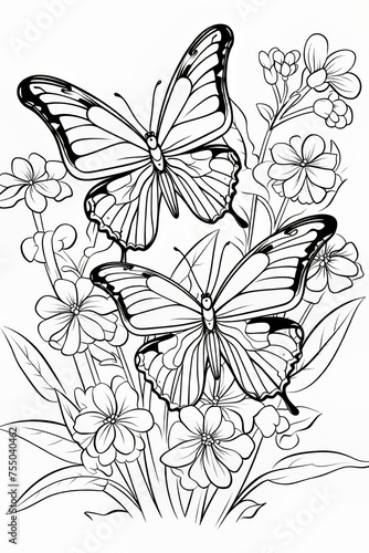 Butterflies and Flowers Line Art Illustration  