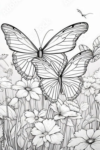 Monochrome Butterfly Illustration on Floral Background  