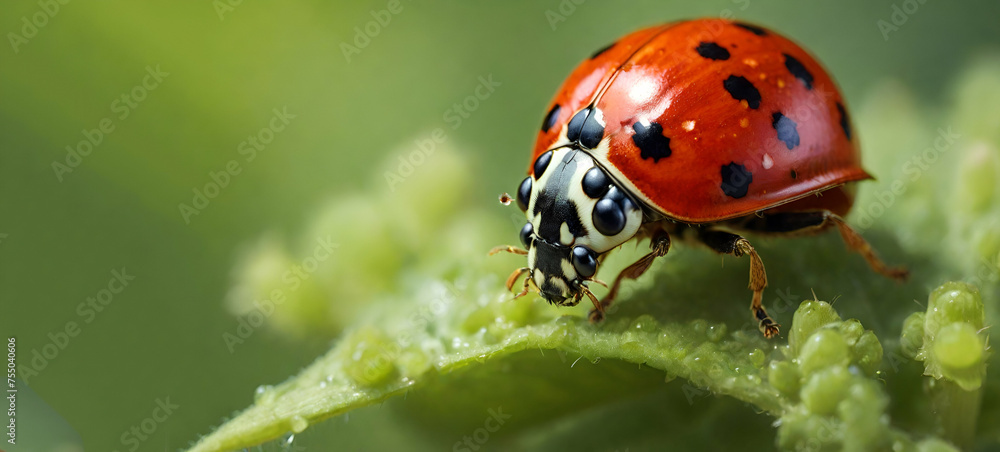 Red black Ladybug on green leaf, Ladybugs as Organic Pest Contro A close up portrait of a red ladybug or coccinellidae with black spots, walking towards the edge of a green leaf of a tree . - obrazy, fototapety, plakaty 