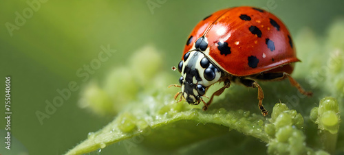 Red black Ladybug on green leaf, Ladybugs as Organic Pest Contro A close up portrait of a red ladybug or coccinellidae with black spots, walking towards the edge of a green leaf of a tree . photo