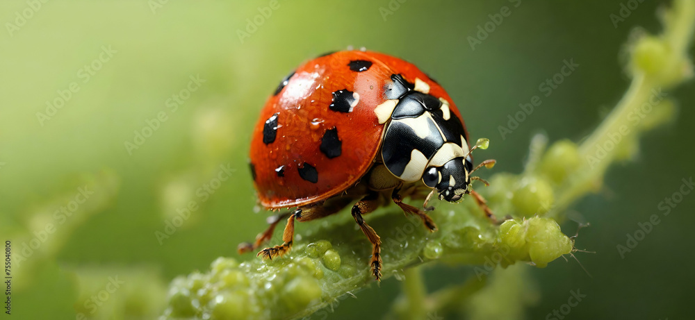 Obraz premium Red black Ladybug on green leaf, Ladybugs as Organic Pest Contro A close up portrait of a red ladybug or coccinellidae with black spots, walking towards the edge of a green leaf of a tree .