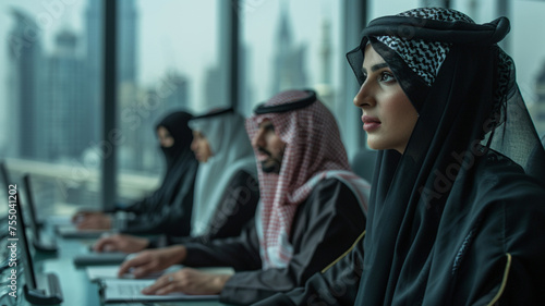 photo of a group of 4 proud Saudi Males and Females Professionals planning and managing in ministry of Hajj in a high rise office overseeing the holy mosque in makkah kaaba haram sharif mecca