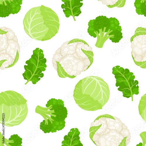 Cabbage seamless pattern. Vegetables background. Broccoli, cauliflower, cabbage and kale leaf. Vector cartoon flat illustration.
