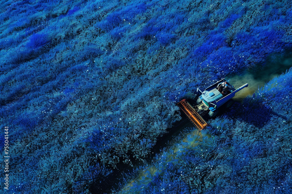 An aerial photo of a combine harvester in a field of flax. The blue flowers create a unique contrast with the harvester. An aerial photo of a combine harvester in a field of flax. The blue flowers create a unique contrast with the harvester.