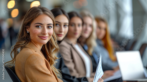 Team of professional business women or group of staff sitting on the chairs in a row. Female job candidates seekers with resumes in hand and laptop waiting for interview invitation turn