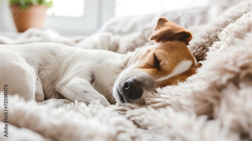 Cute dog sleeping on bed at home. Jack Russell Terriers