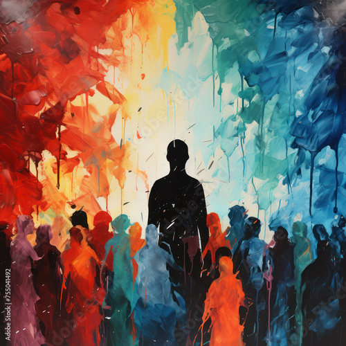 A mesmerizing abstract painting of silhouetted figures blending into a melting pot of colors © jockermax3d