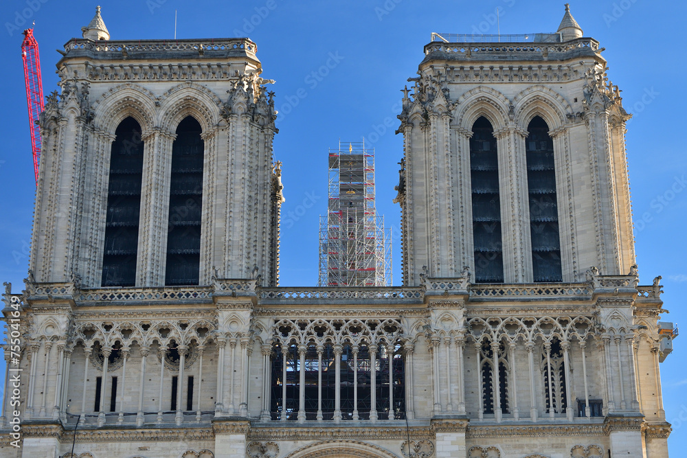 Naklejka premium Paris, France. Notre Dame Cathedral is being rebuilt with its spire restored. December 17, 2023.
