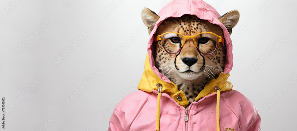Cyberpunk futuristic anthropomorphic cat in yellow raincoat outfit and pink hood. Fantasy concept Cyberpunk futuristic anthropomorphic cat in yellow raincoat outfit and pink hood. Fantasy concept
