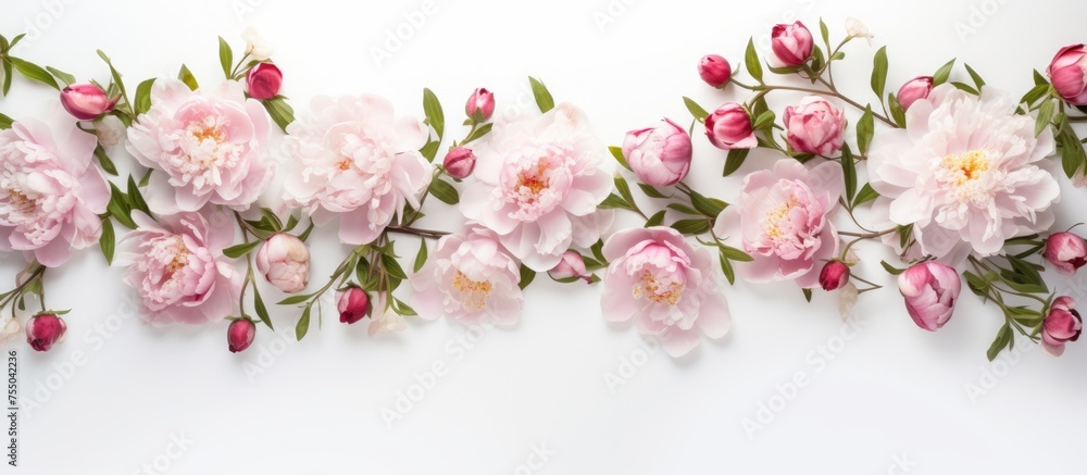 A row of pink blossoms with green leaves, creating a beautiful contrast against the white background. The flowers look like a piece of art in nature A row of pink blossoms with green leaves, creating a beautiful contrast against the white background. The flowers look like a piece of art in nature