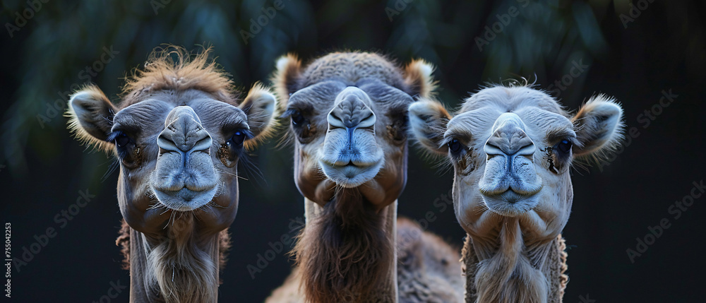 Close-up of curious camels striking a funny