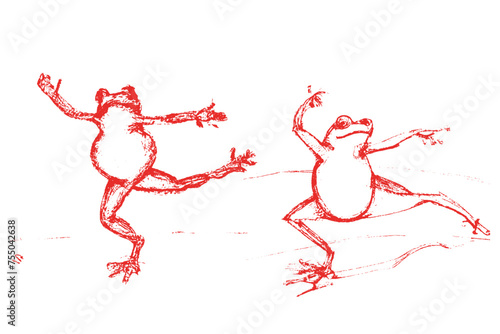 dancing frog sticker. Vintage ball point pen art of frog. frog pencil drawing.