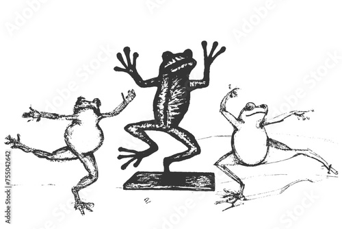 dancing frog sticker. Vintage ball point pen art of frog. frog pencil drawing.